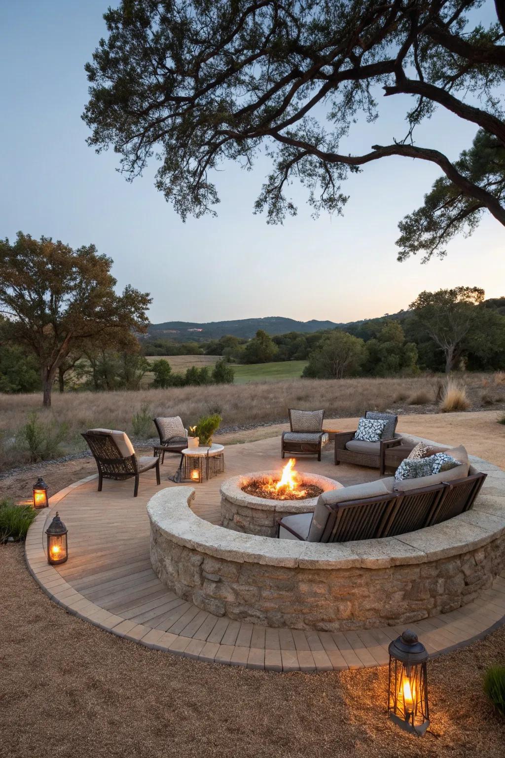 An enchanting fire pit setting on decomposed granite, perfect for gatherings.