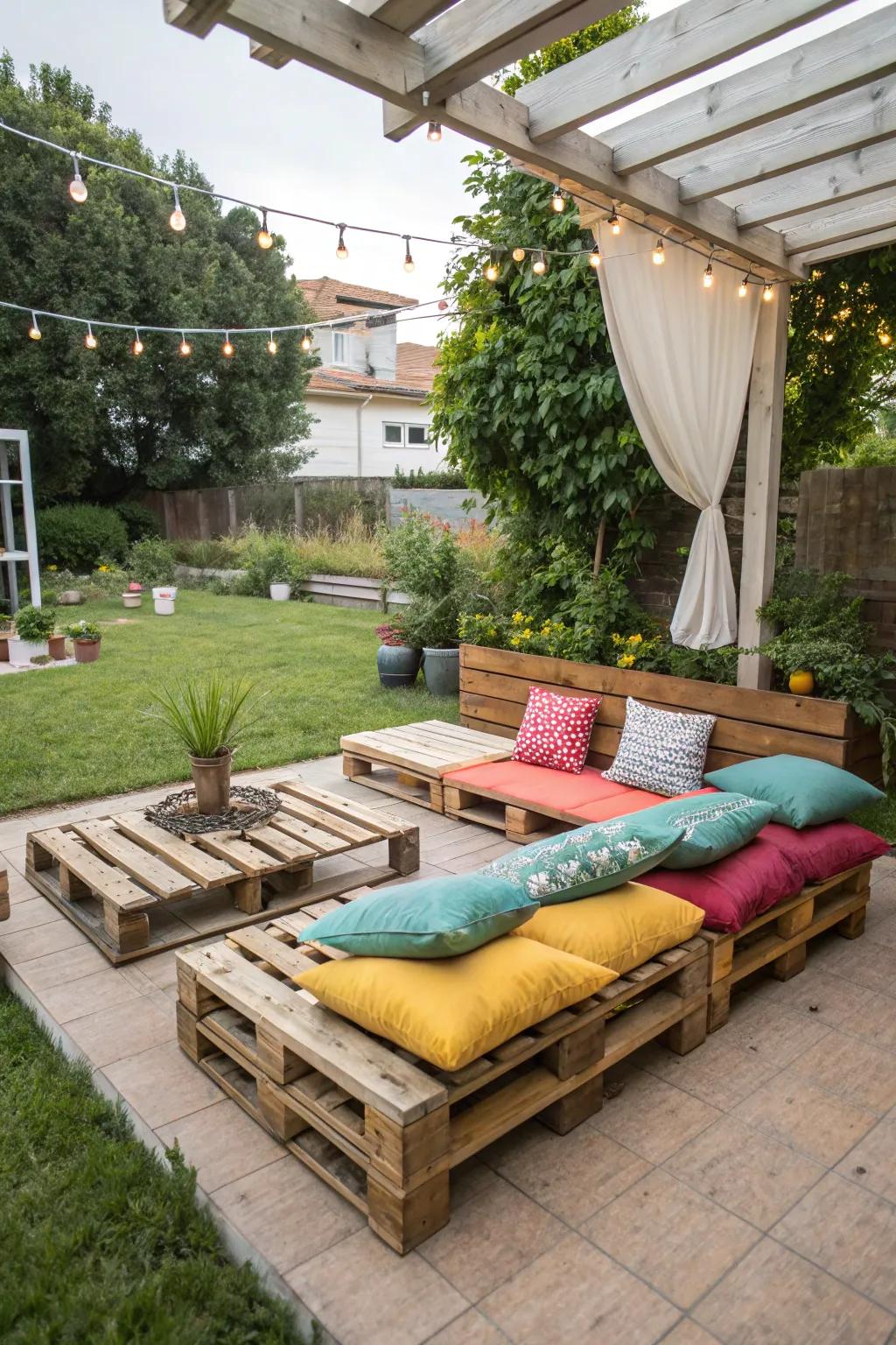 Timber pallet seating complemented by cushions provides a relaxed ambiance for visitors.
