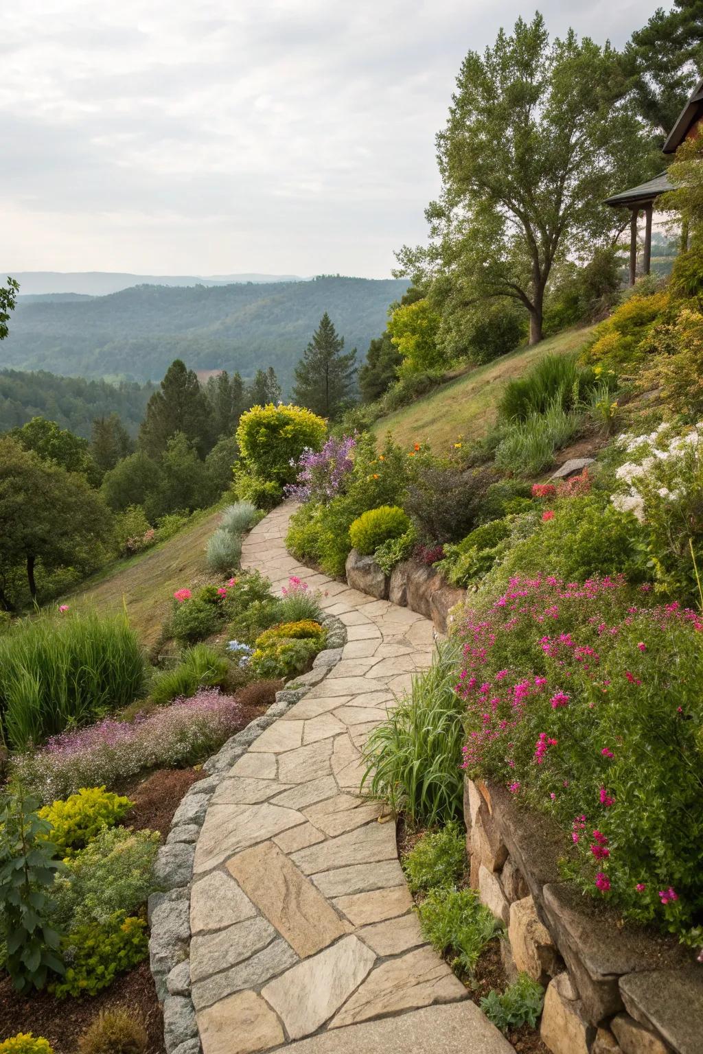 Stone pathways add beauty and accessibility to your sloped yard.