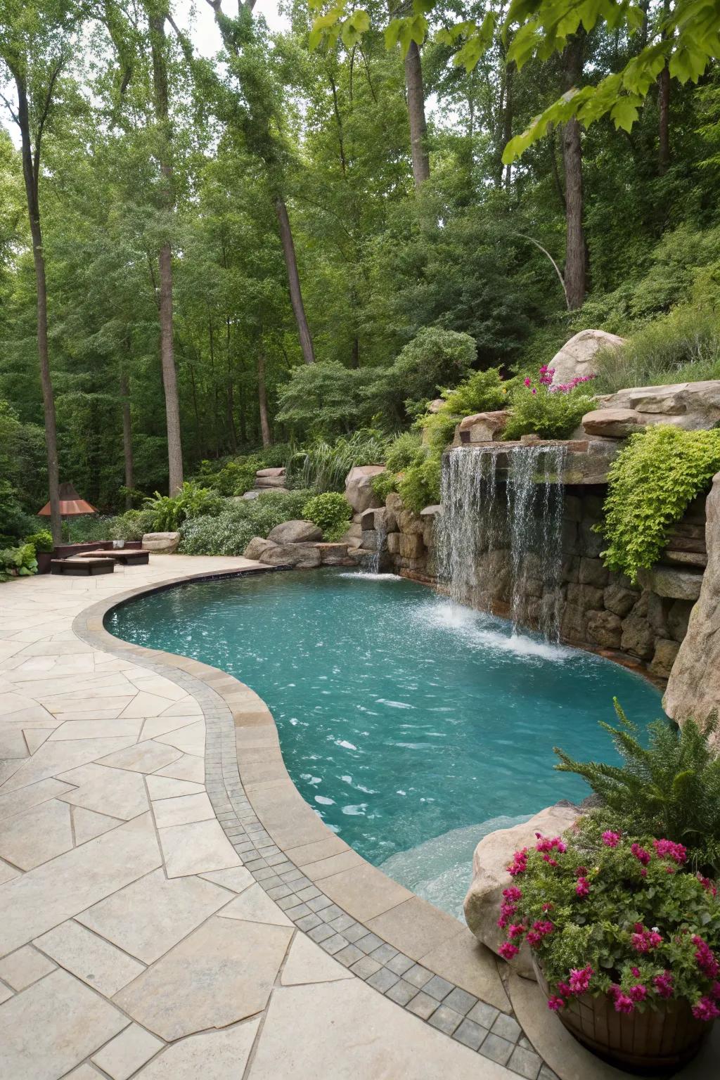 A cascade introduces both allure and calmness to the pool vicinity.