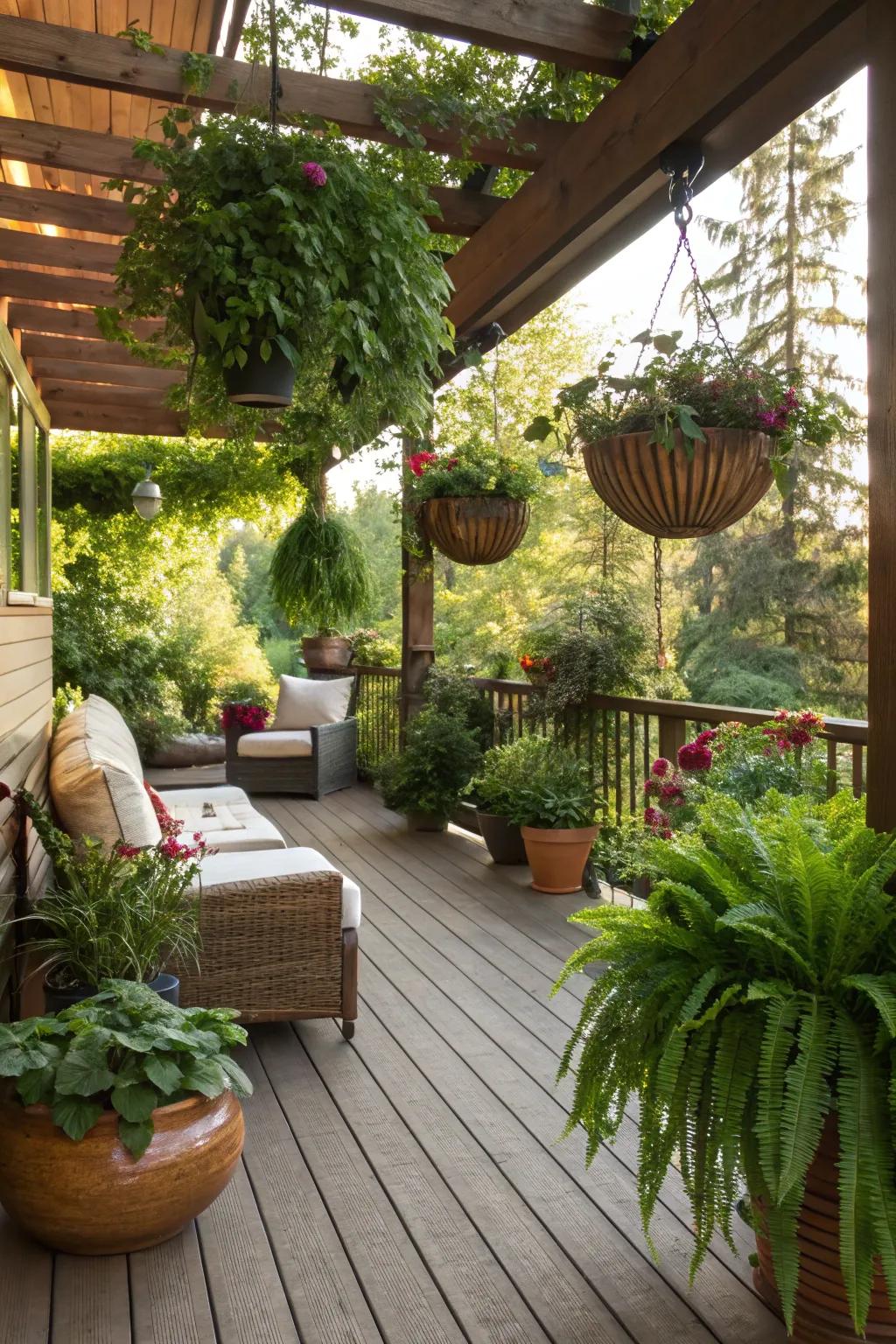 Nature-inspired adornments with vibrant plants enhancing a veranda.