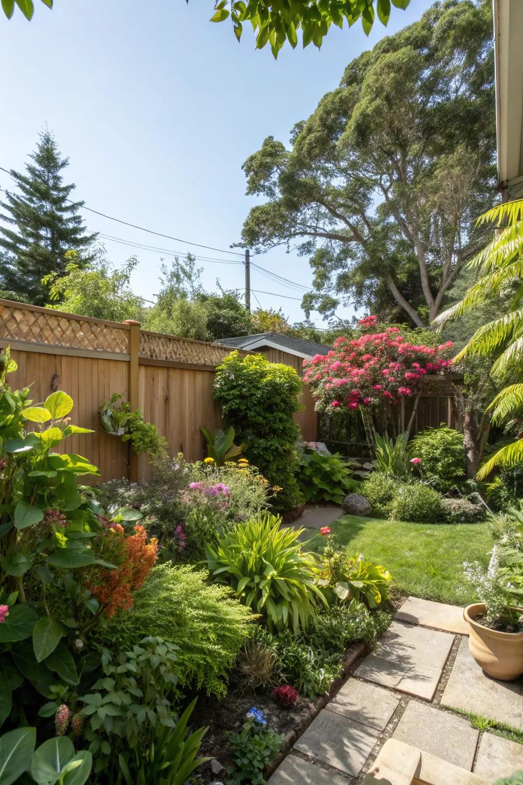 A diverse array of greenery creates a vibrant backyard oasis.