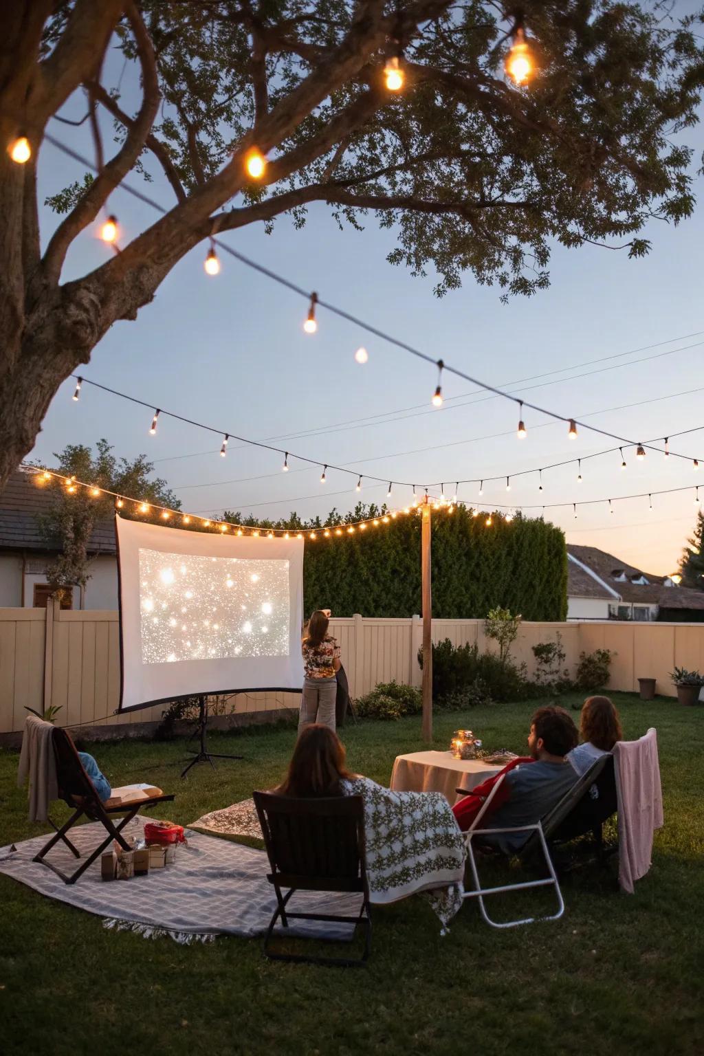 Fairy lights contribute a captivating charm to your outdoor film setting.