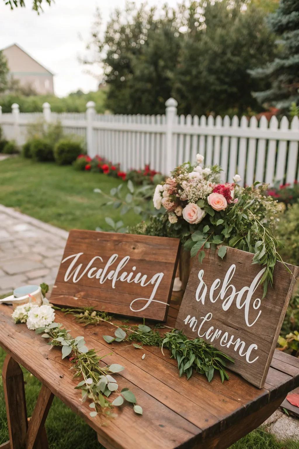 Down-to-earth timber signage introduces charm and direction for wedding attendees.