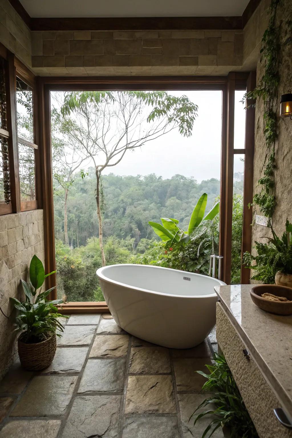 A stand-alone tub is ideally situated to capitalize on natural vistas.