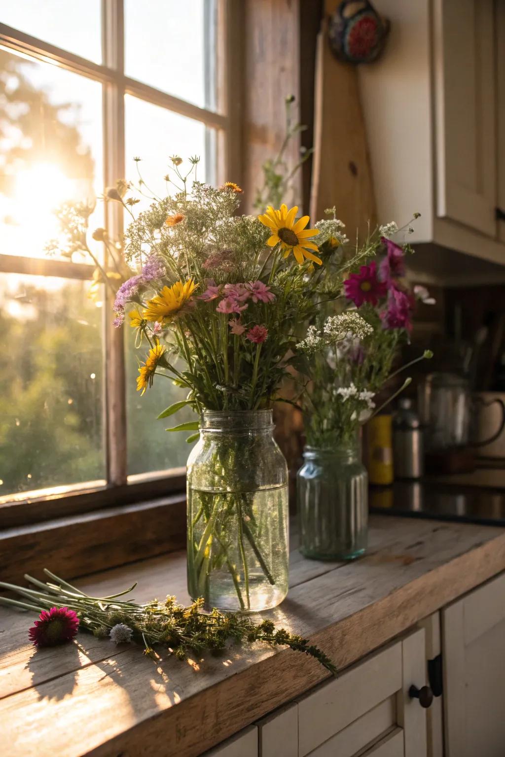 Natural floral arrangements in vintage preserving containers exude rustic beauty.