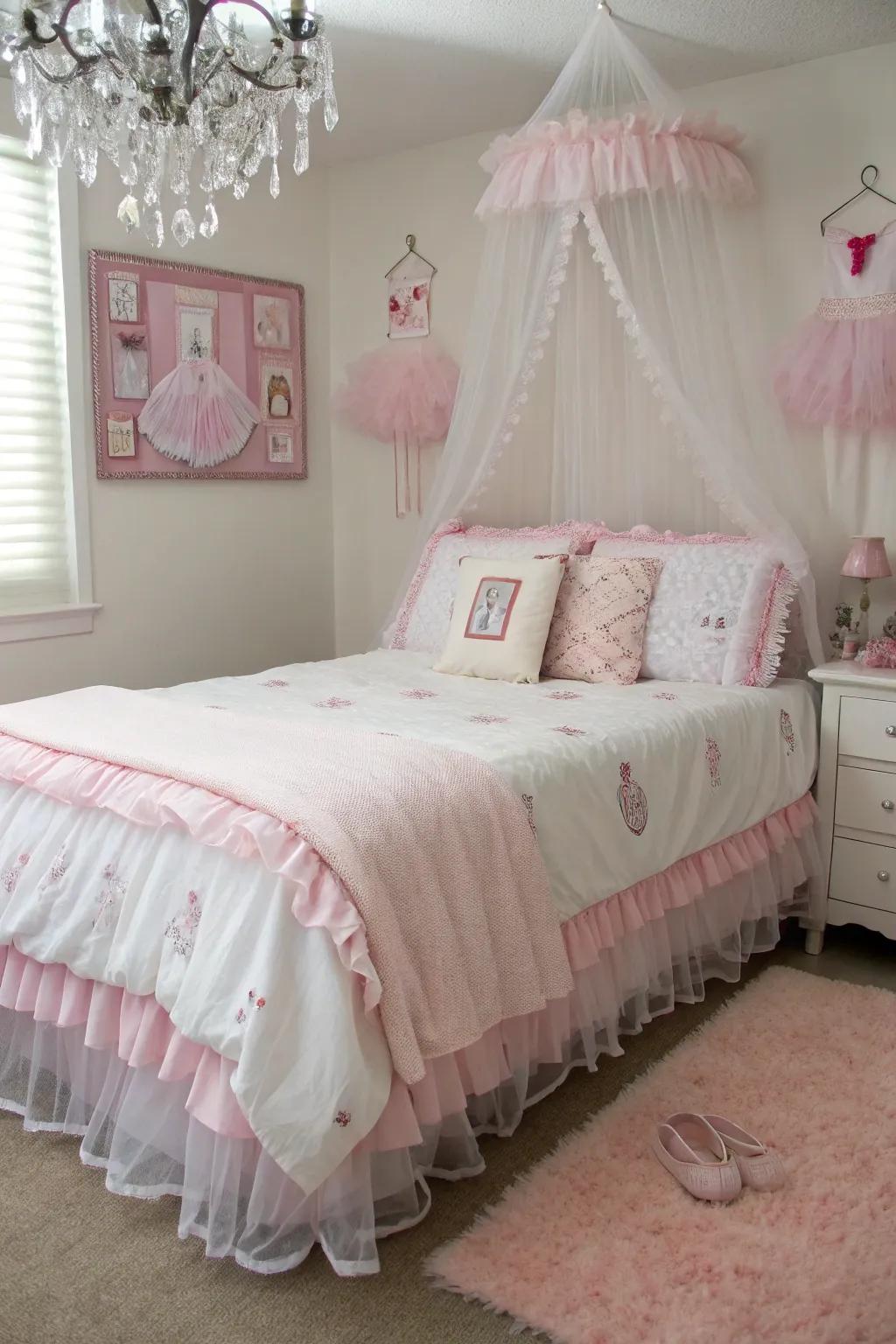 Layered bedding replicates the captivating charm of a tutu on the bed.