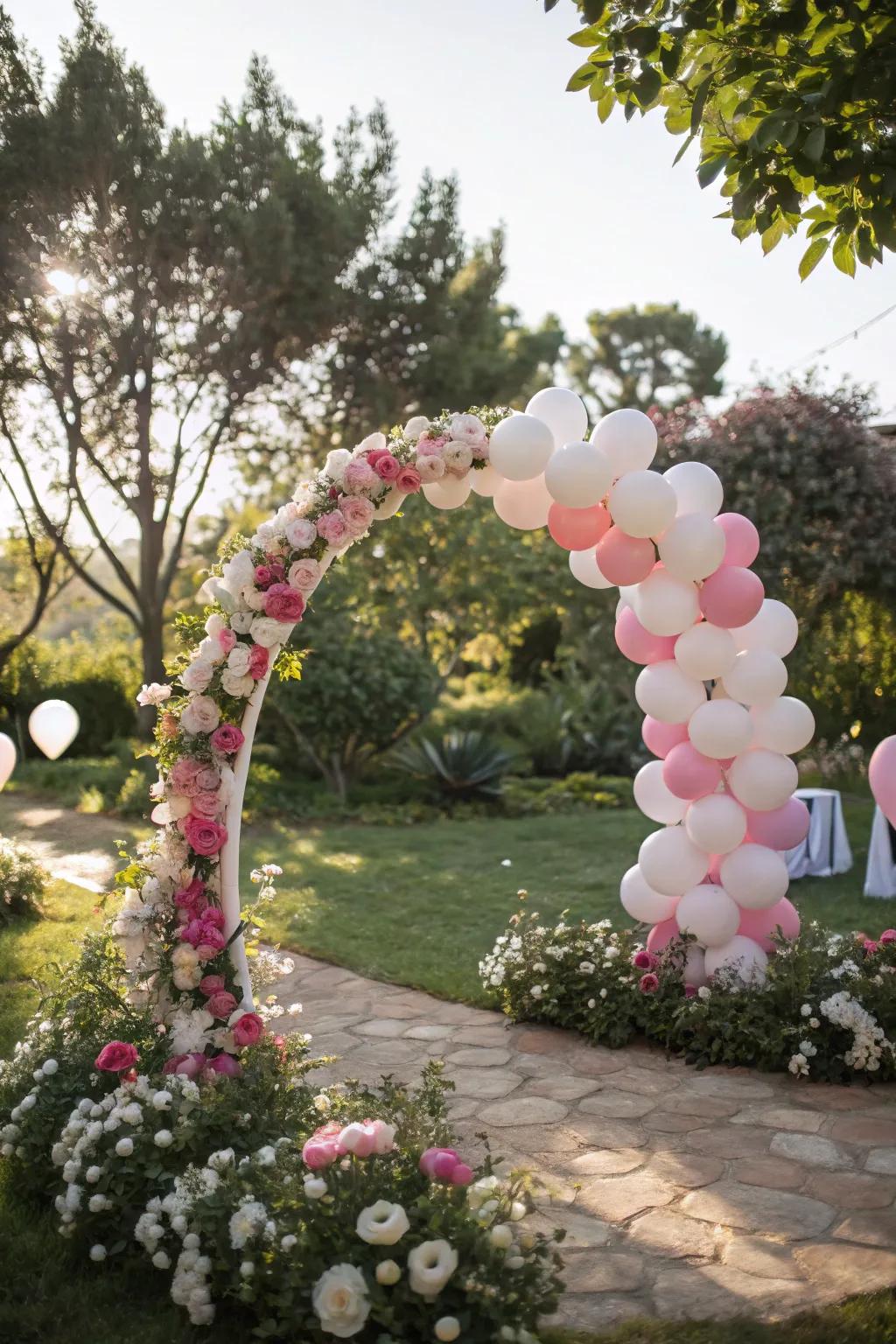 Flowers give a hint of elegance to balloon hoops.