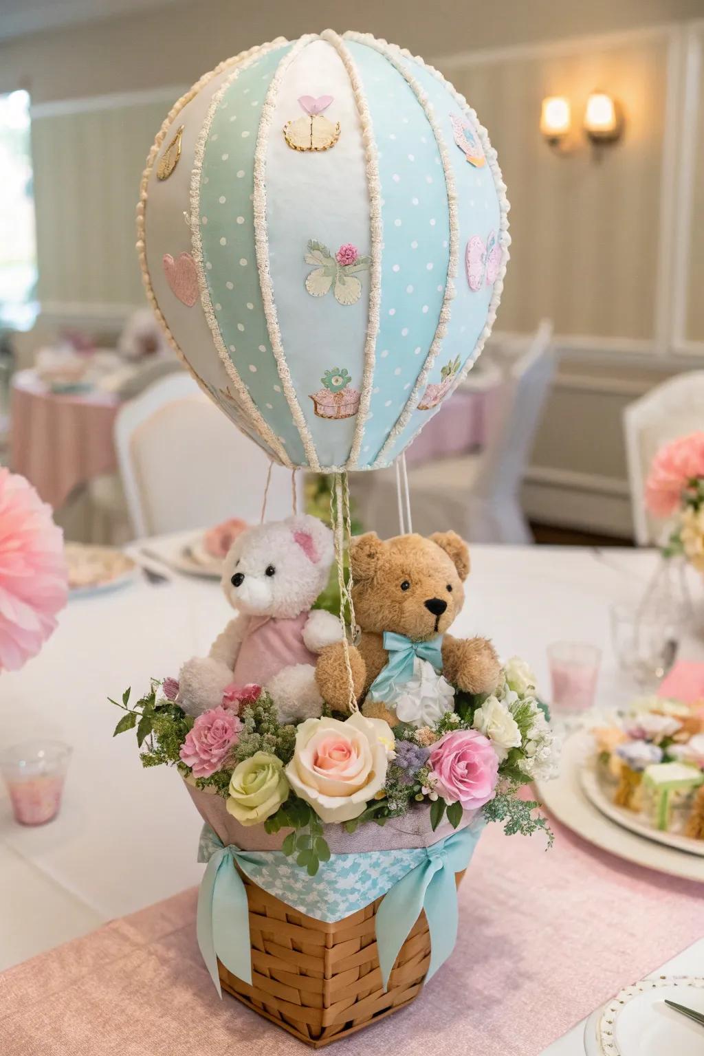 An adorable airborne carriage focus introduces playfulness to the tablescape.