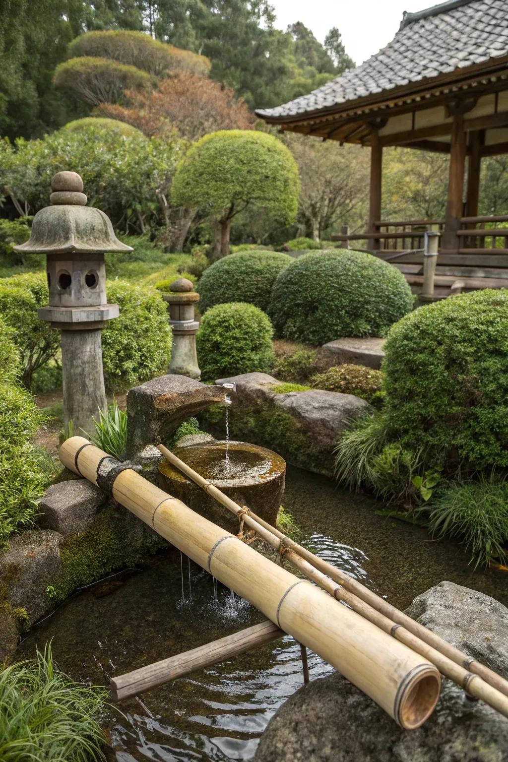 A traditional Shishi Odoshi feature producing rhythmic sounds in a garden.