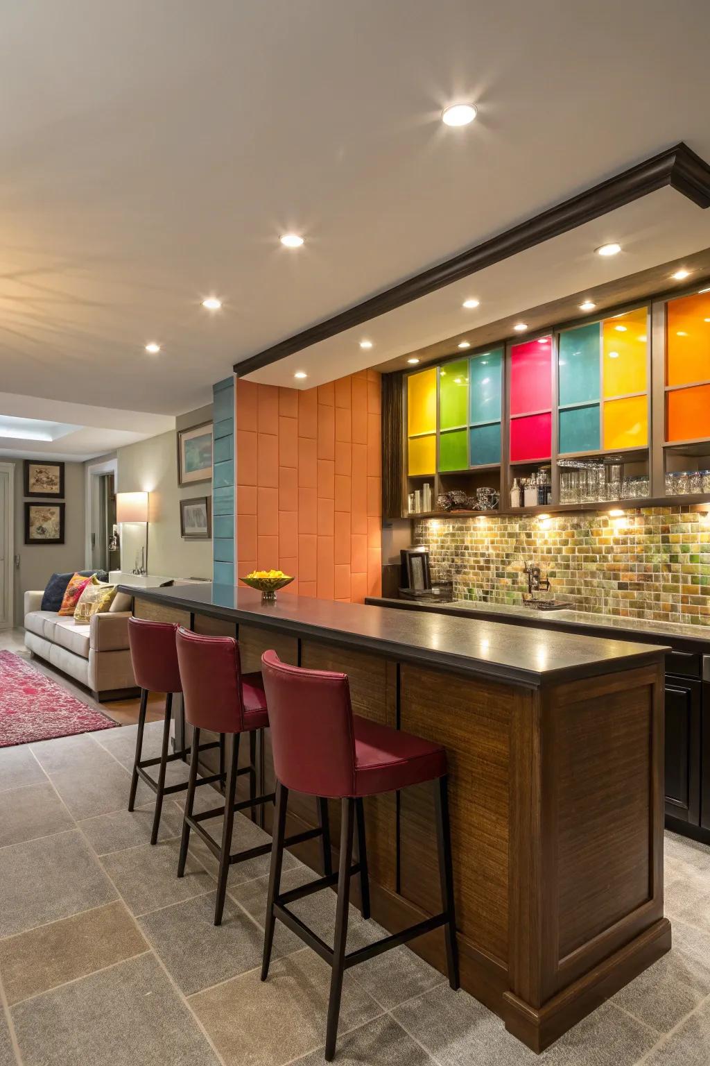A home bar presenting a striking color field backsplash in vibrant shades.