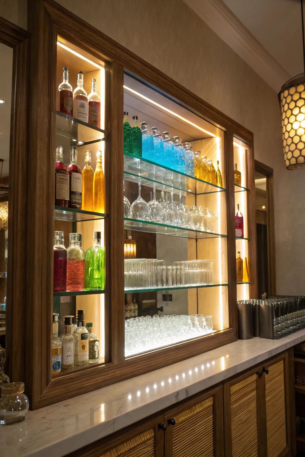 Backlit mirrors bring an element of magic to your home bar.