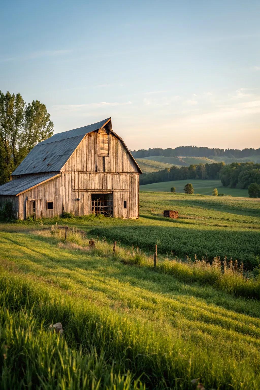 A barn snuggled in recovered timber cladding, bursting with rustic heart.