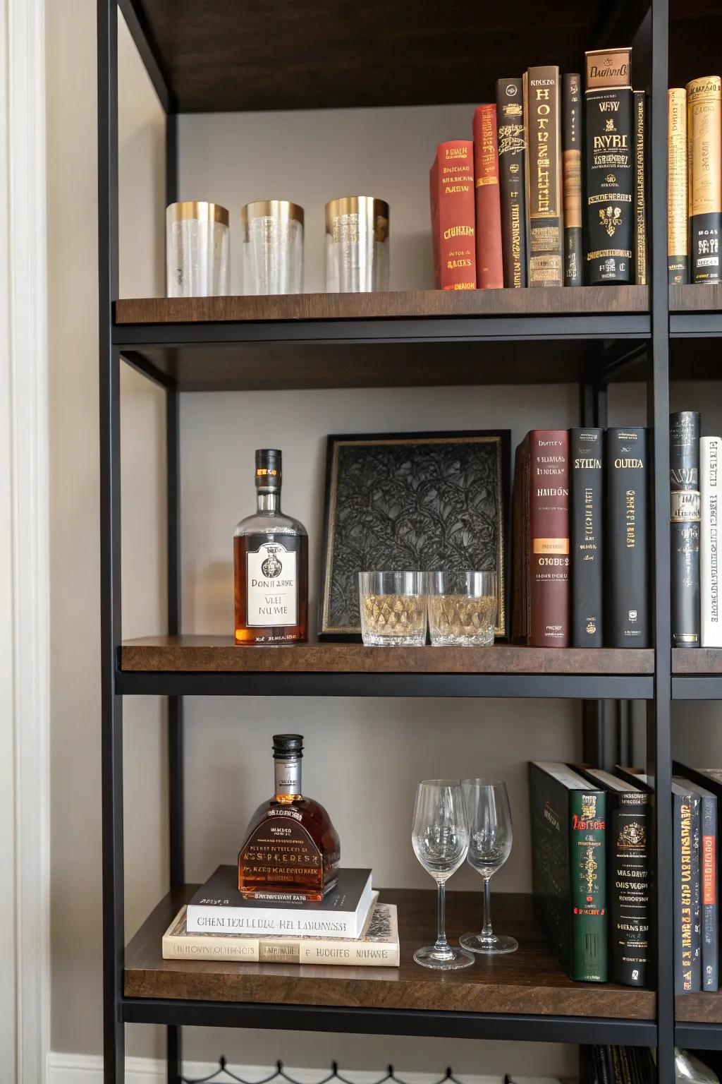 Clever utilization of shelving transforms a bookshelf into a small-scale bar.