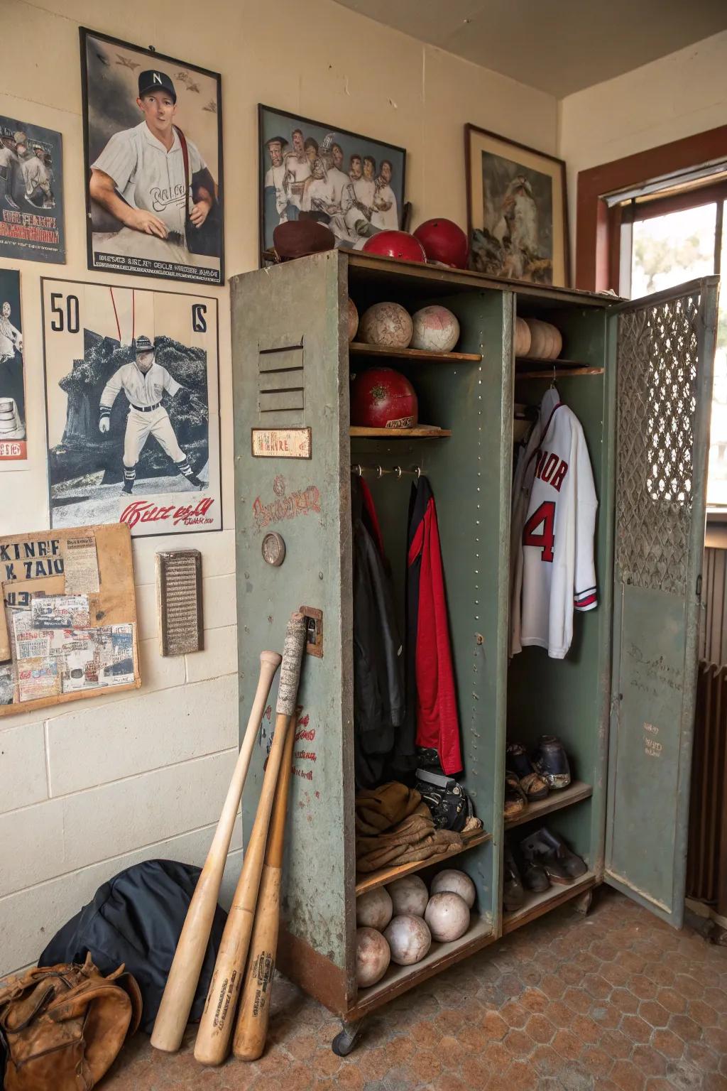 An antique locker brings a nostalgic and useful dimension to the decor.