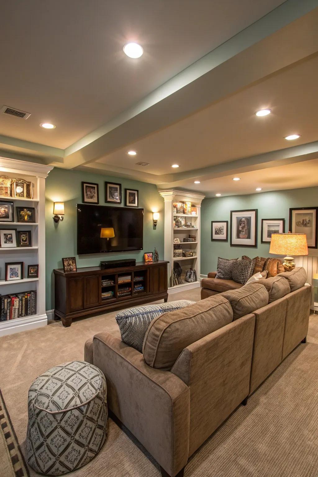 Layered lighting brightens and warms this stylish basement area.