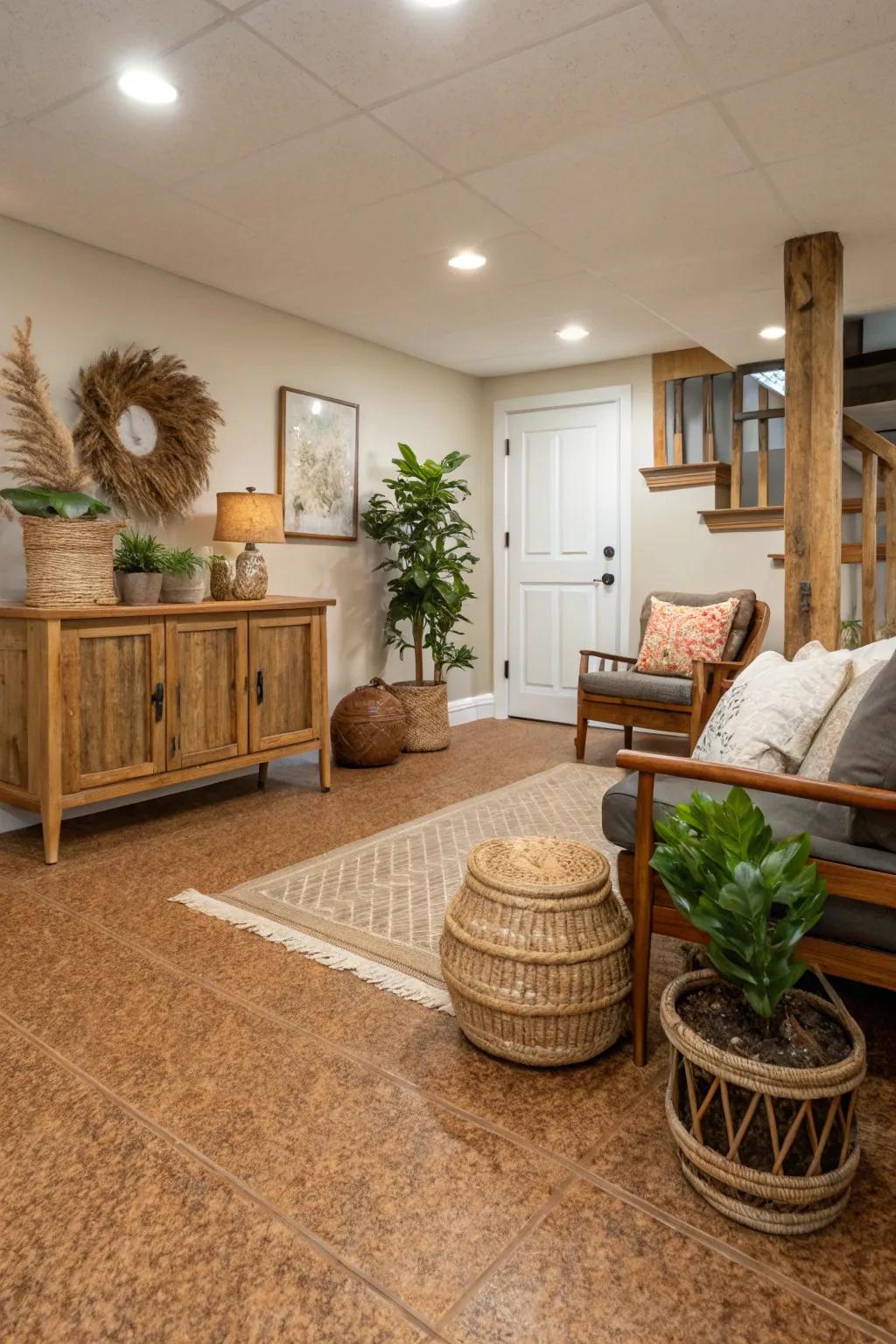 Tree bark flooring enriches with natural warmth and sound dampening.