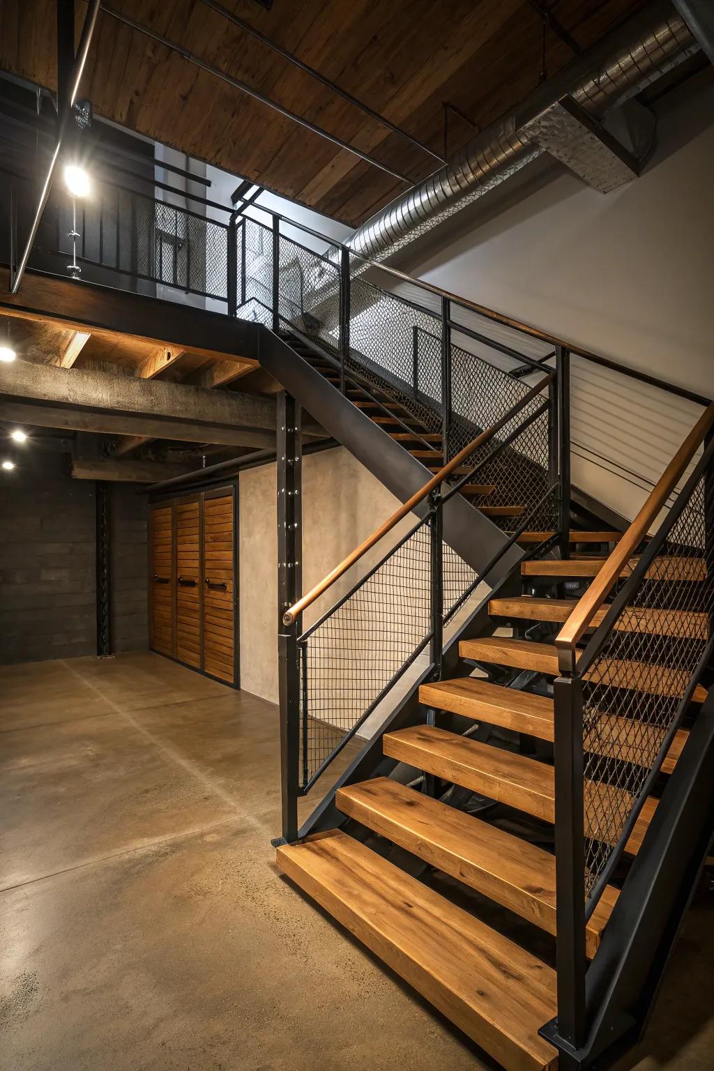 A superlative synthesis of timber and ironwork for a contemporary stairway layout.