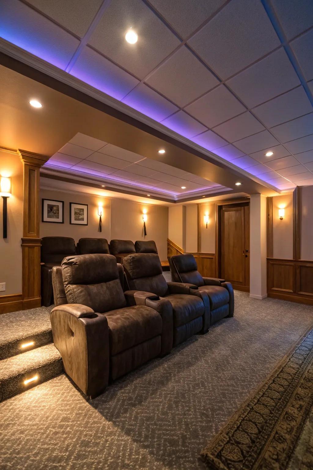 Ambient lighting enhances the mood and visual appeal of your home theater.