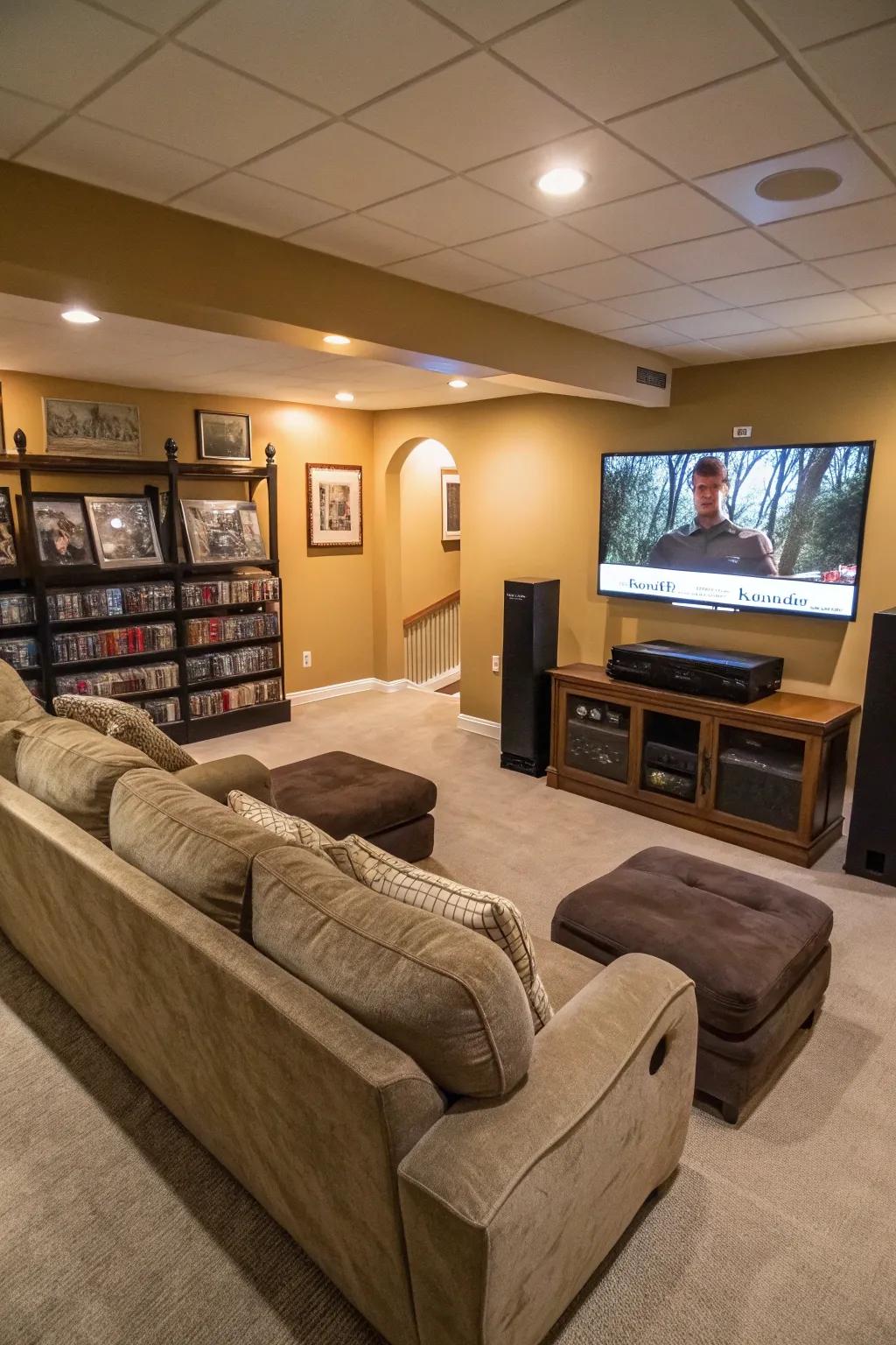 An entertainment hub makes the basement a fantastic hangout spot.