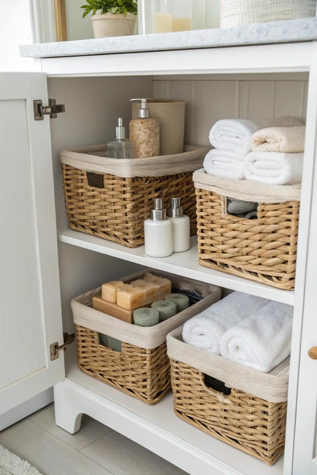 Baskets inject both tidiness and flair into your bathroom.