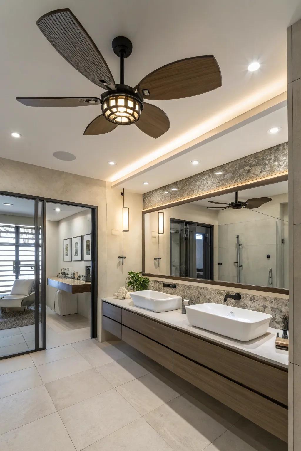 A modern bathroom featuring a sleek, contemporary ceiling fan with light.