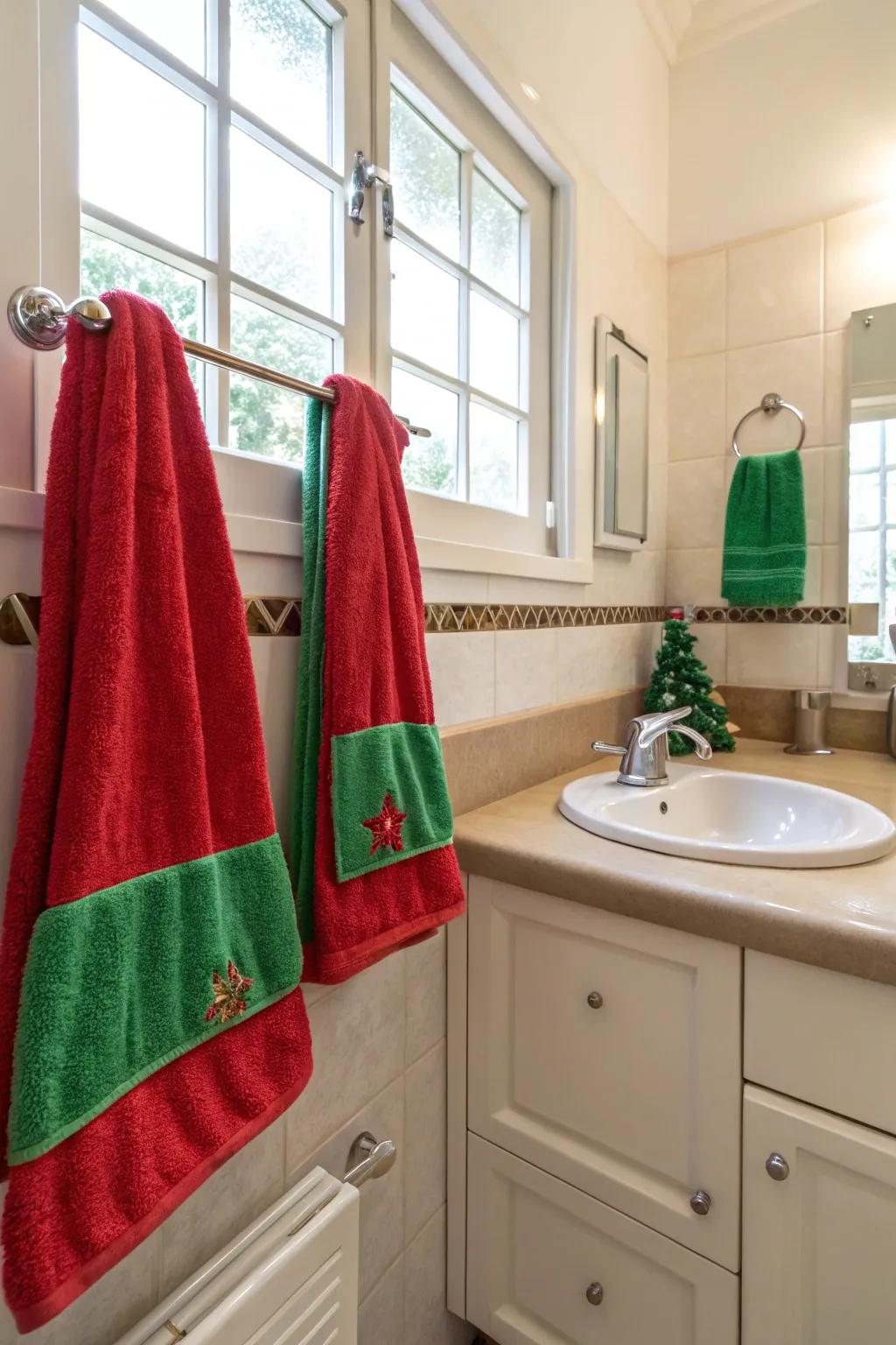 Festive towels bring a burst of holiday color to this bathroom.