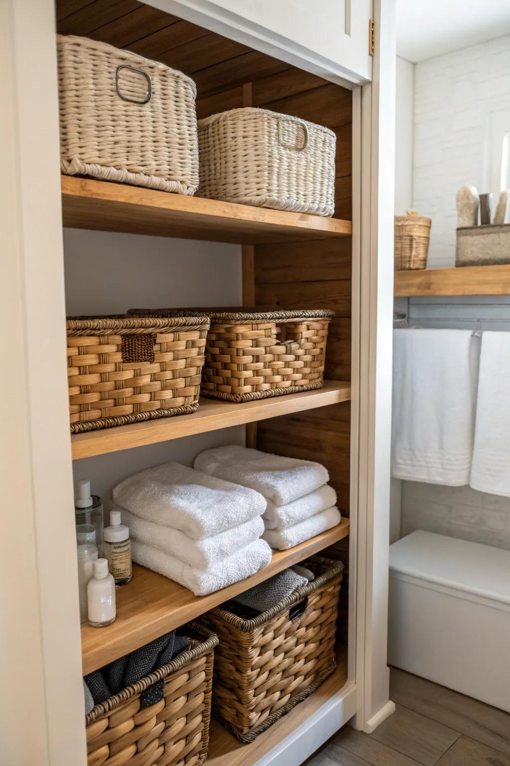 Woven baskets enrich your decor while keeping your essentials organized.