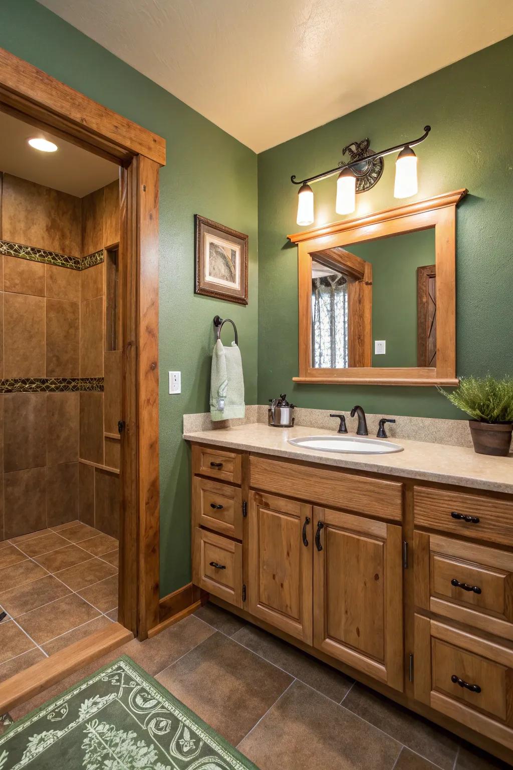 Natural greens and browns produce a soothing, nature-inspired bathroom.