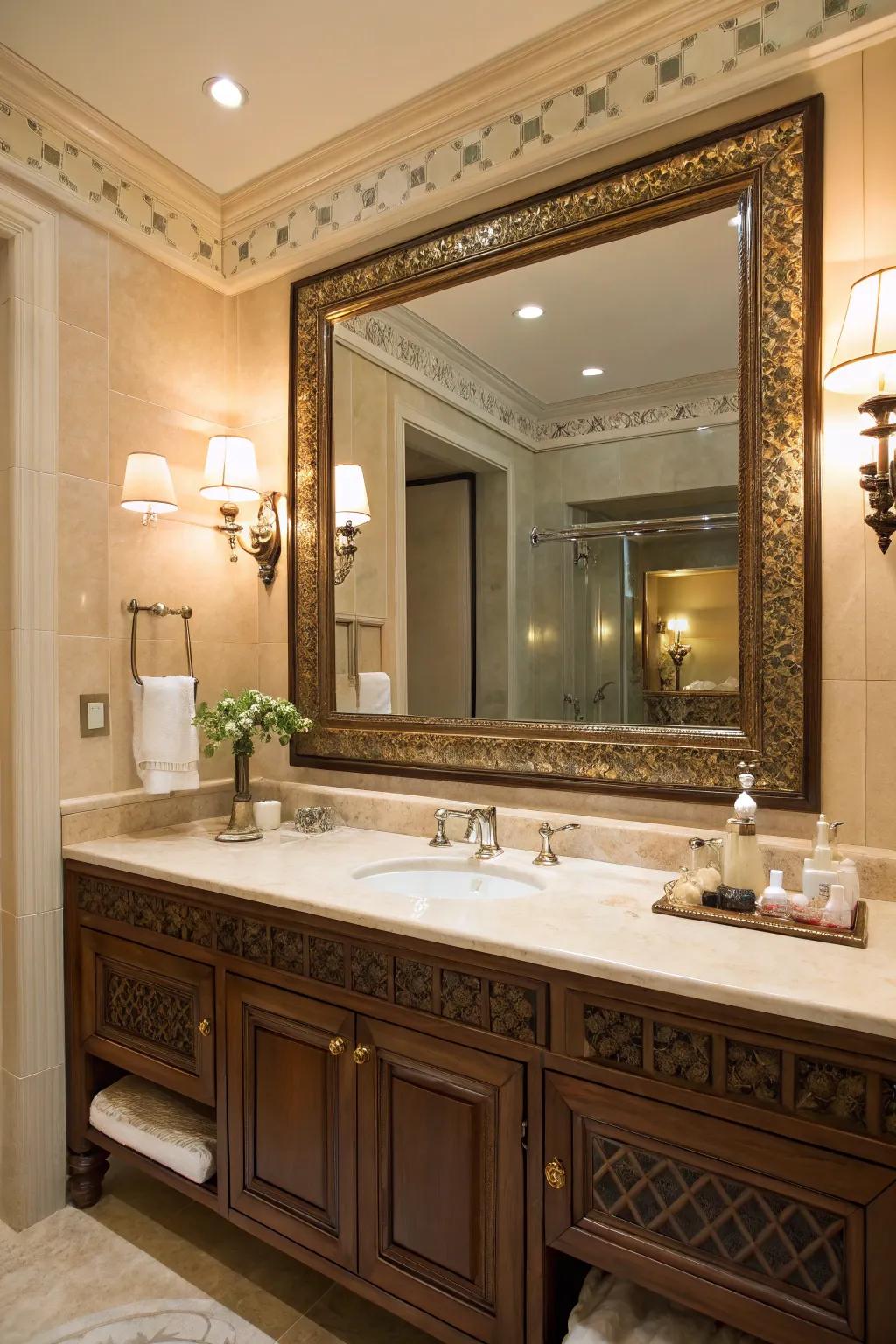 A statement looking glass introduces depth and elegance to any bathroom.