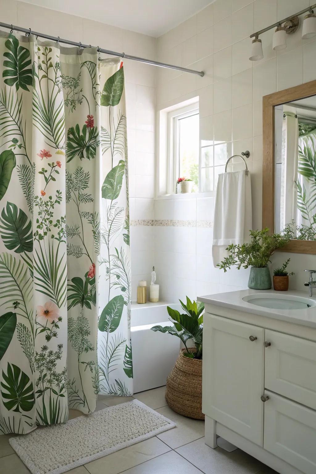 A refreshing, nature-inspired ambiance is created in the restroom with botanical prints.