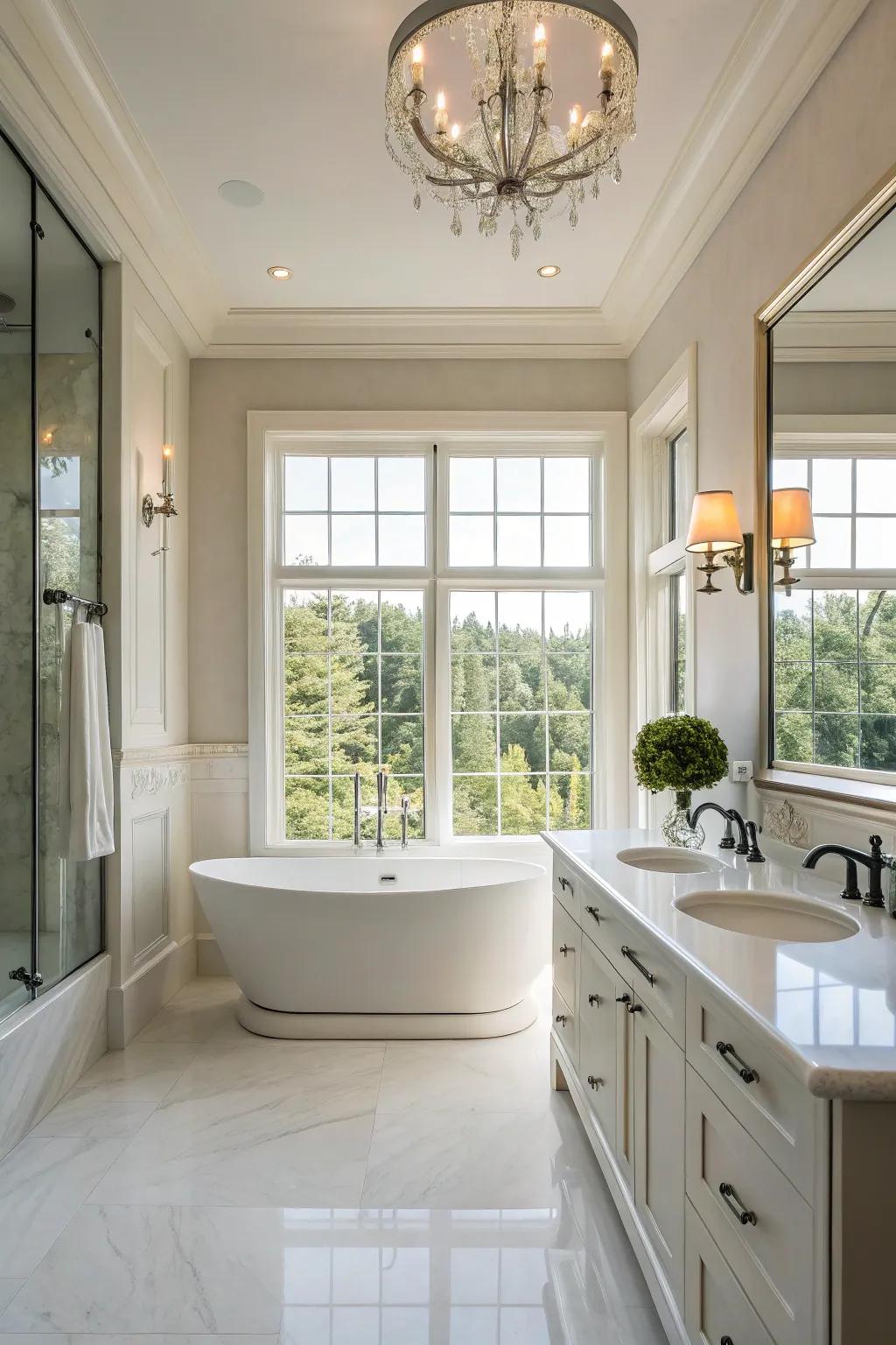 A luminous and breezy bathroom where all-natural light enriches the contemporary fixtures and fittings.