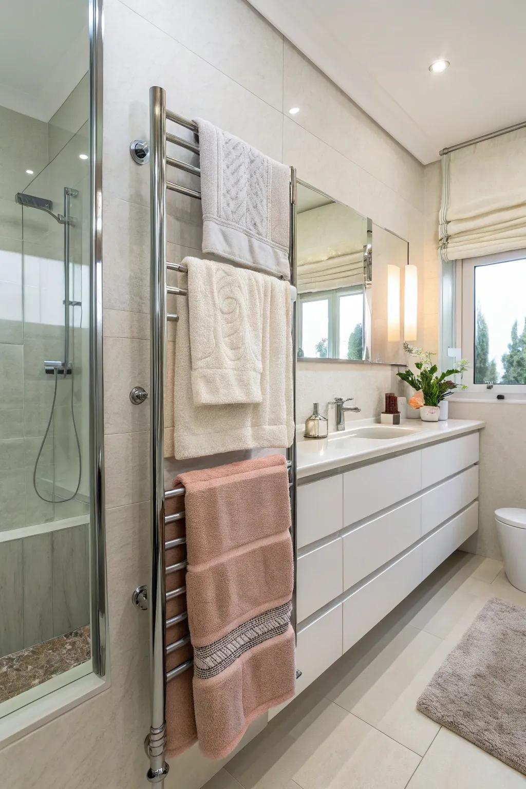Tiered towels upon a rod incorporate practicality and style to your bathroom.