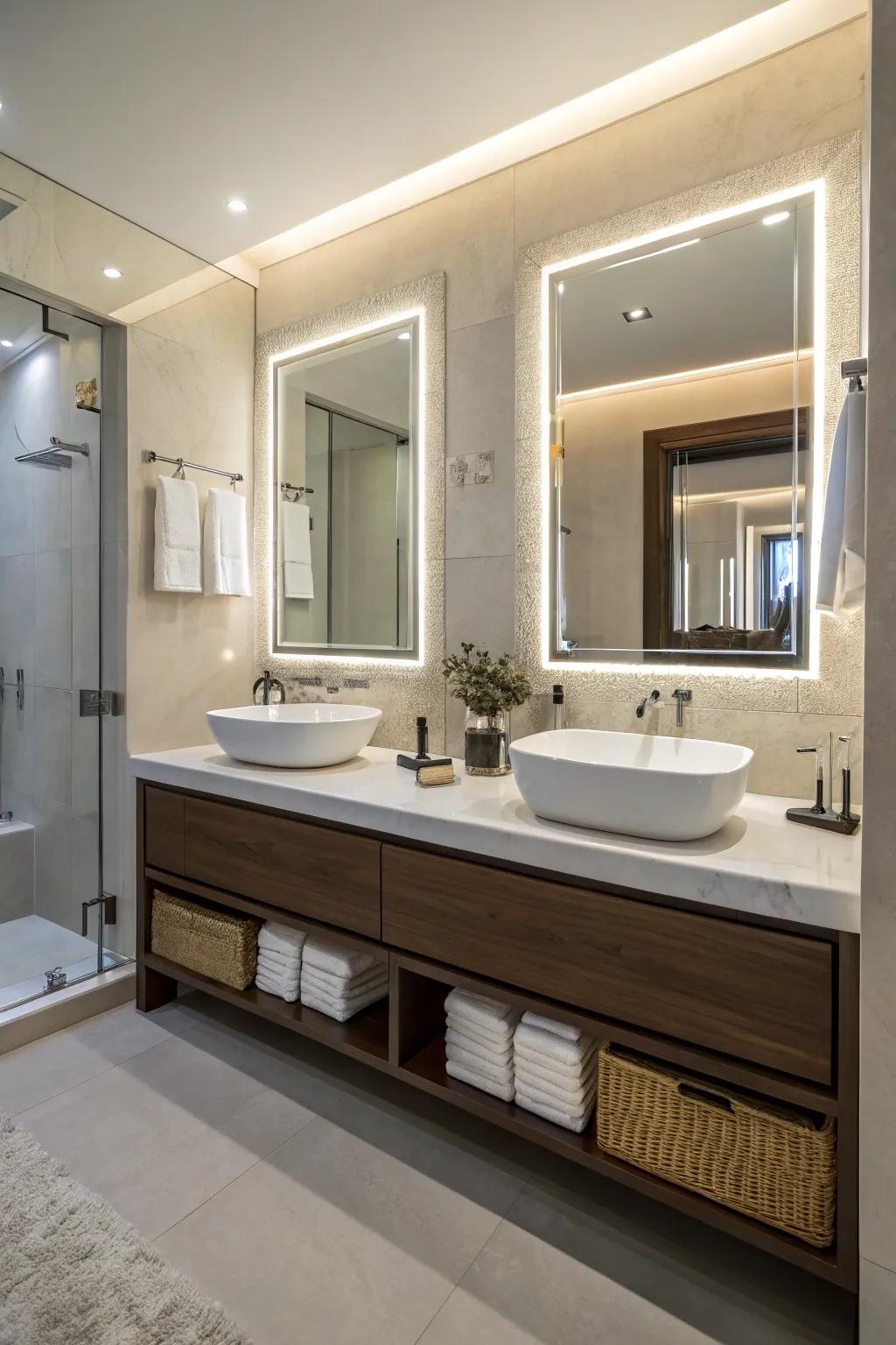 Mirrors with backlights add sophistication and soft lighting to the vanity area.