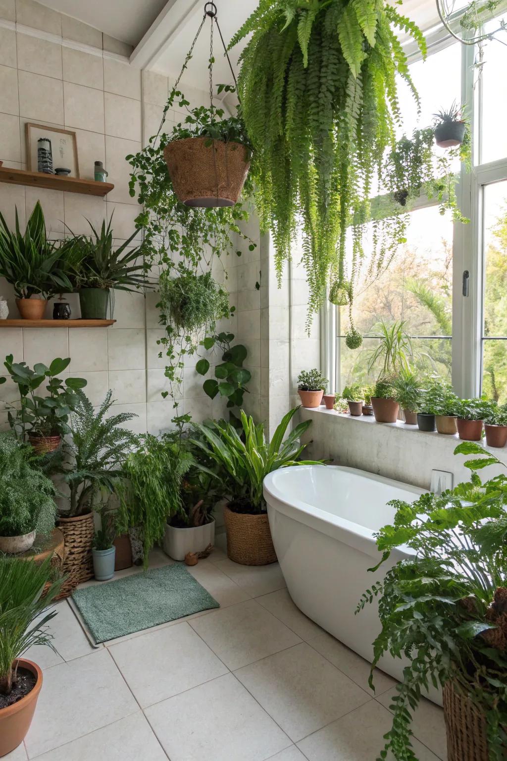 A tranquil bathroom showcasing vibrant greenery, bringing the serenity of nature indoors.