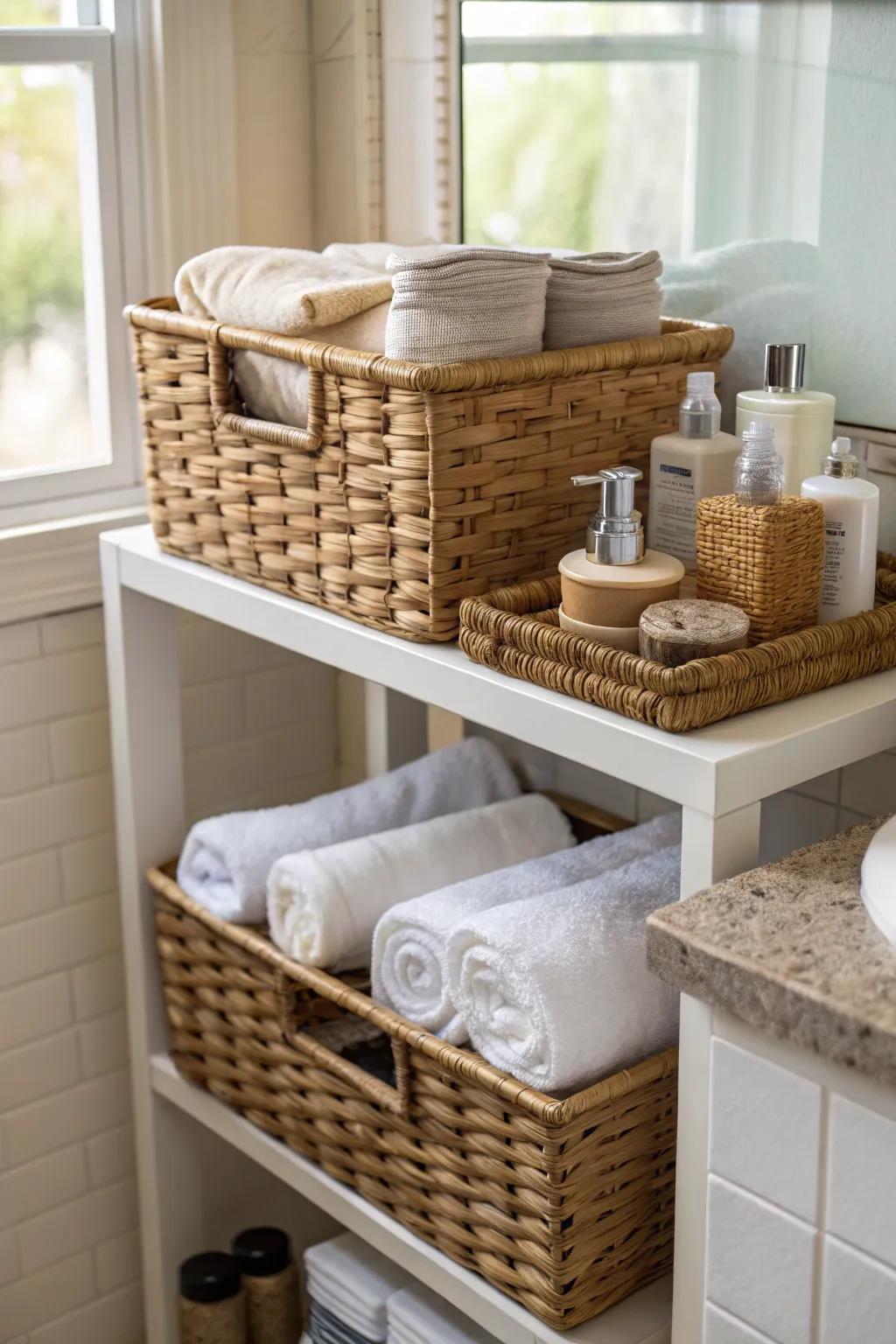 Woven baskets enhance both texture and functionality.