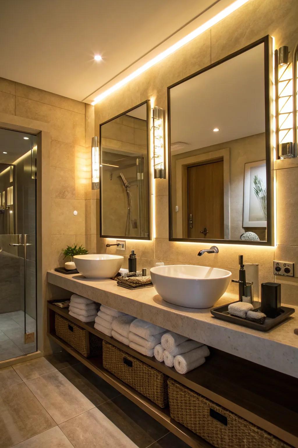 Brighten up your area with elegant lighting to enhance the bathroom's atmosphere.