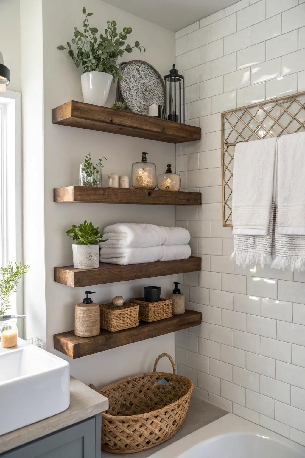 Lift the style and usefulness of your bathroom using inventive display shelves.