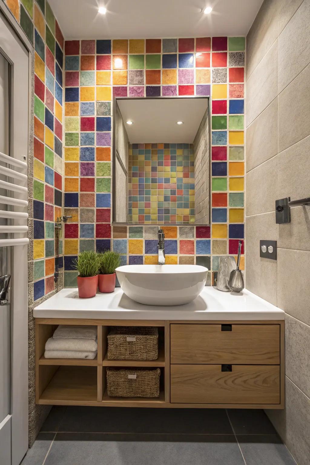 An effusion of hue through complex coverings for an invigorated lavatory.