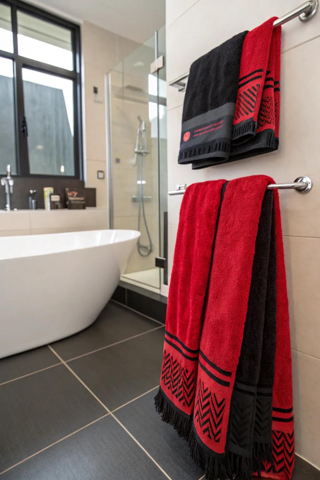 Scarlet and onyx textiles create a daring declaration in any bathroom.