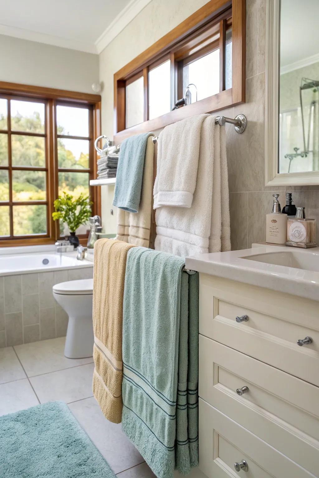 By layering towels in matching colors, you can add dimension and texture.