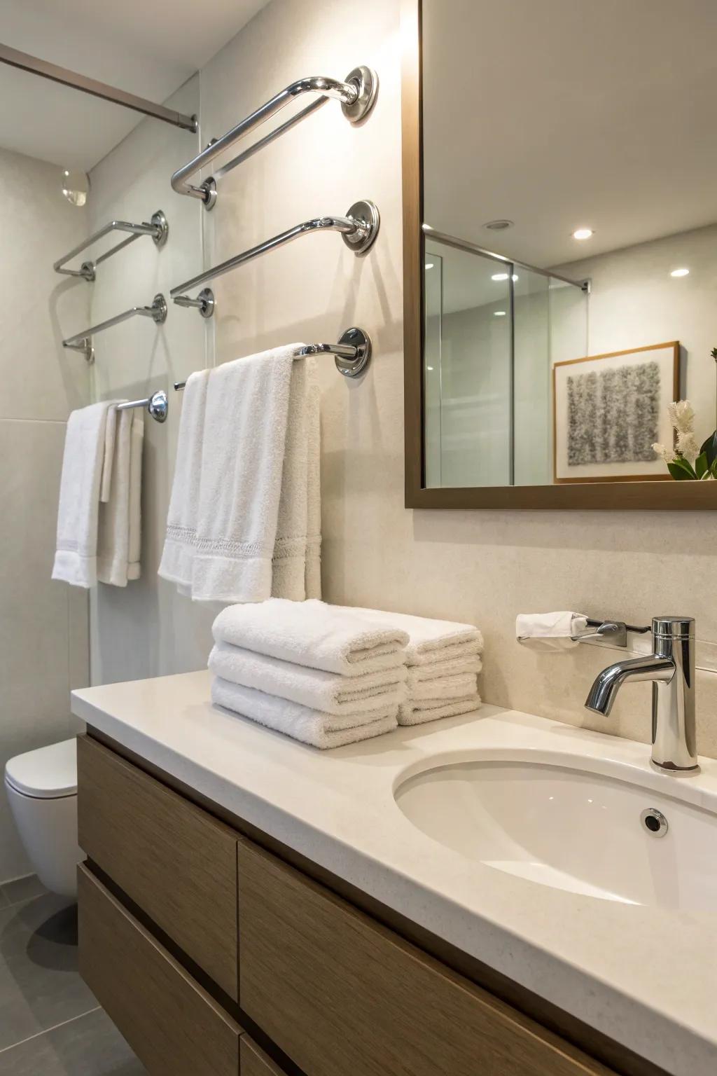 Spartan fasteners sustain a neat and sophisticated lavatory.