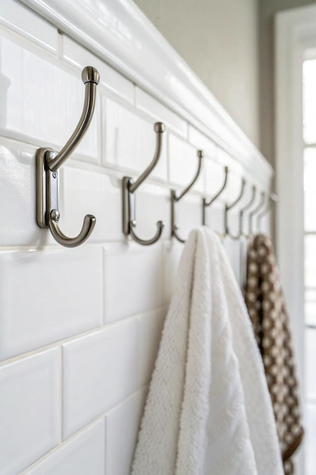 Minimalist fasteners uphold a sleek and orderly bathroom.