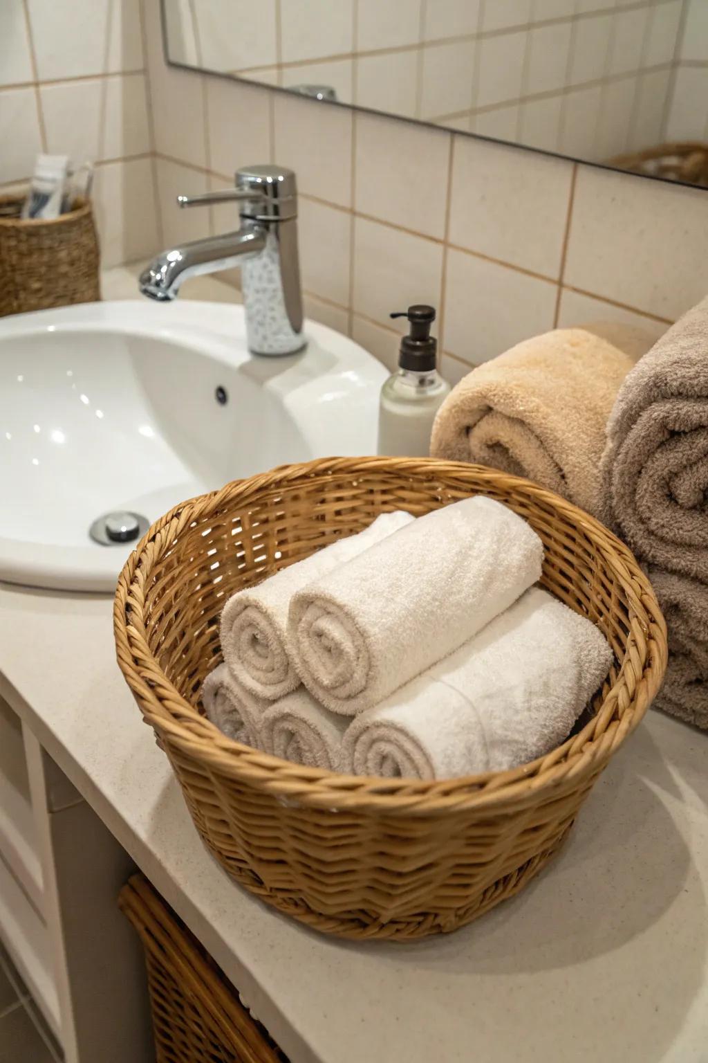 Baskets offer a countryside and functional towel storage option.