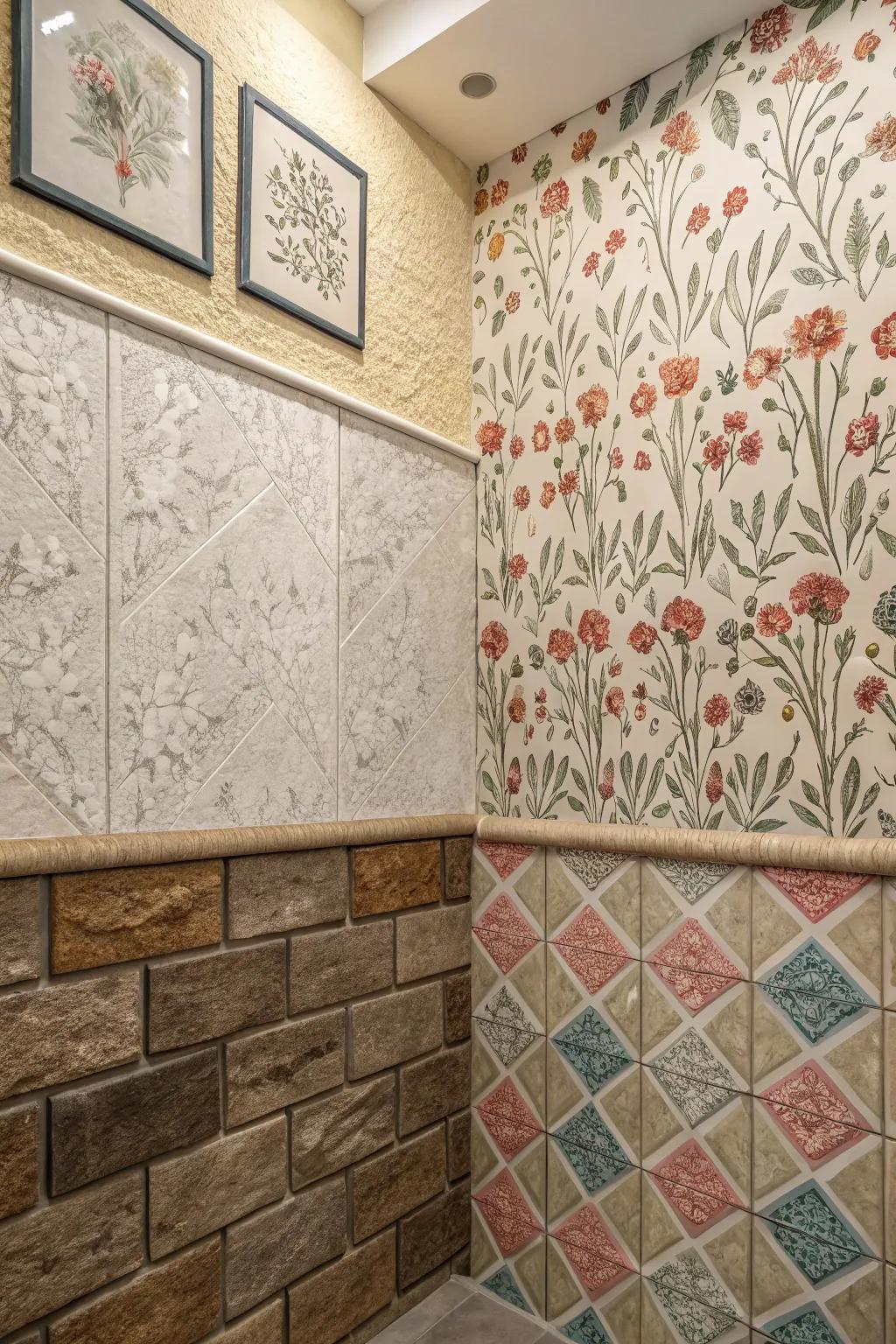 A blend of feels and patterns includes visual interest to washroom walls.