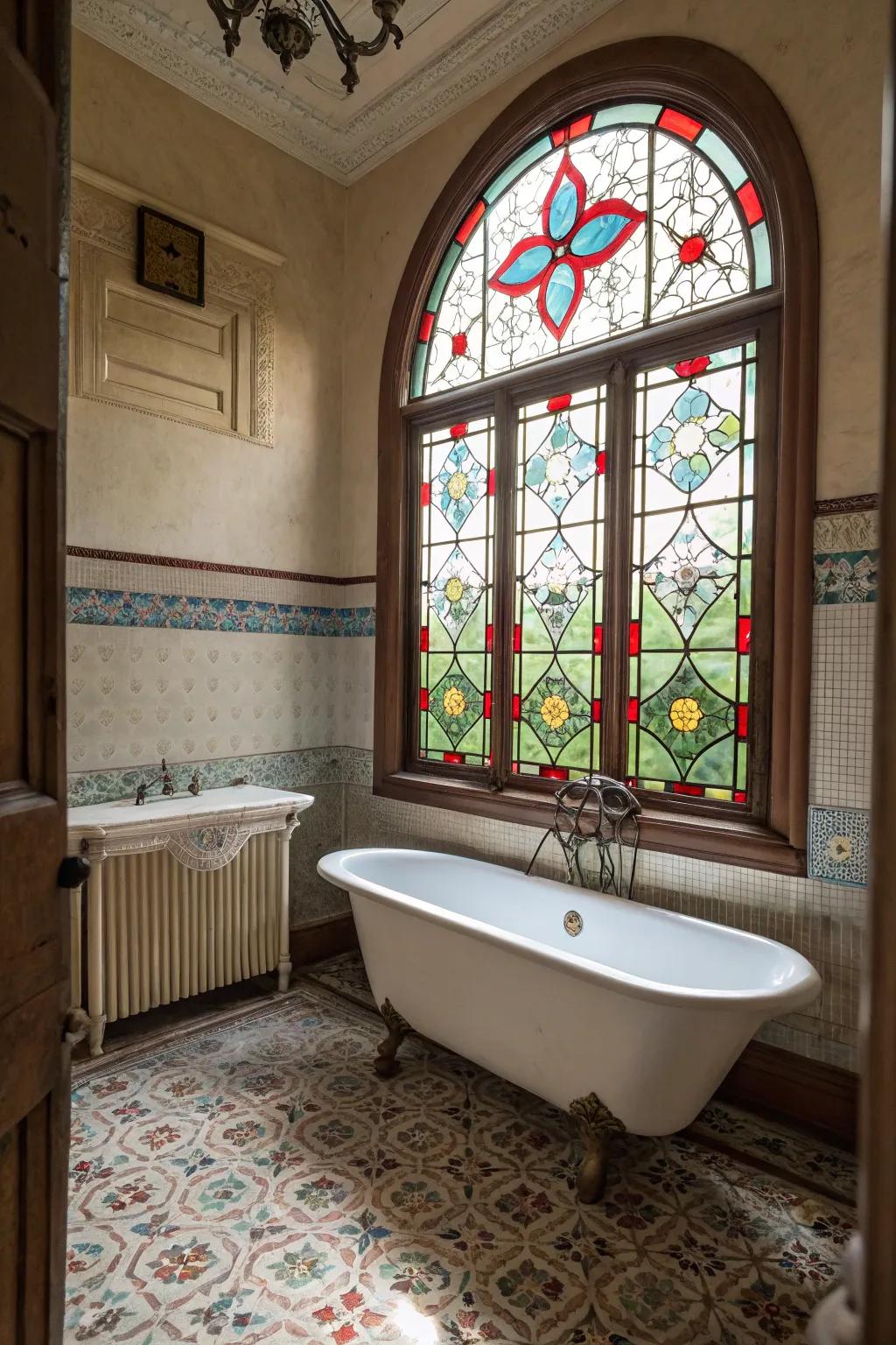 Decorated glass windows producing a vibrant atmosphere in the restroom.
