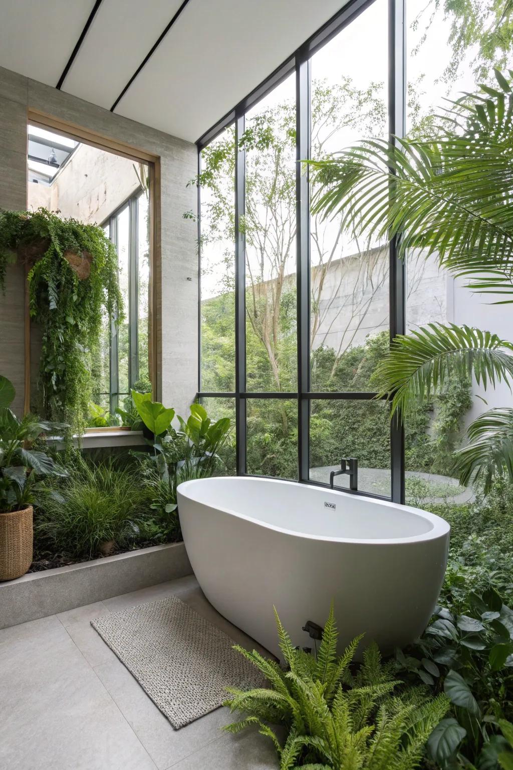 Greenery contributes a lively, earthy vibe to this bathroom featuring a bathtub.