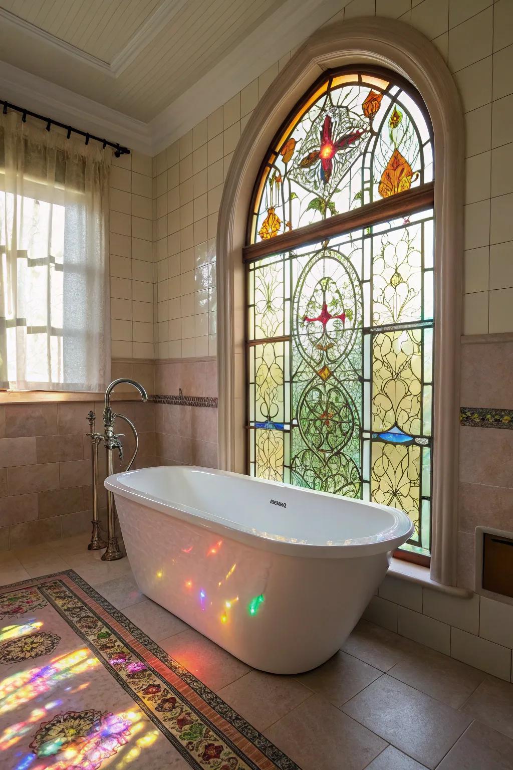 Painted glass lends refinement and vibrant color to the bathroom.