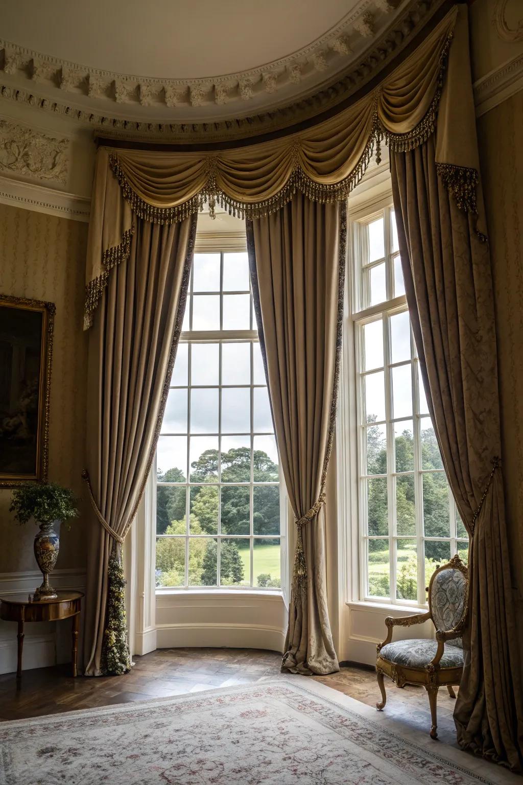 The integration of floor-to-ceiling curtains incorporates grace and sophistication to any bay window arrangement.