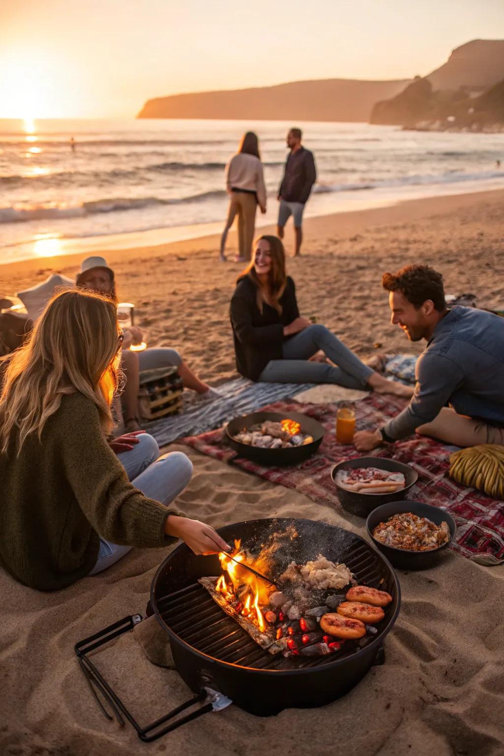 A serene Shoreline Bonfire BBQ complemented by breathtaking ocean vistas.